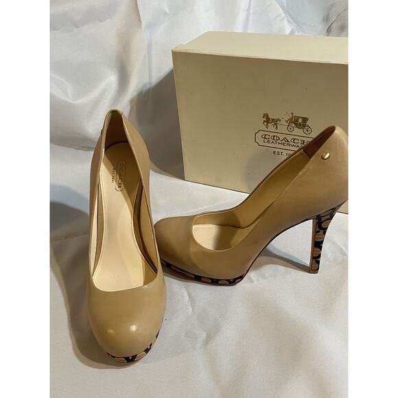 Coach Alexa Soft Calf Tan Leather Pumps Monogram Heels , Stiletto Size 8.5 B - Picture 8 of 10